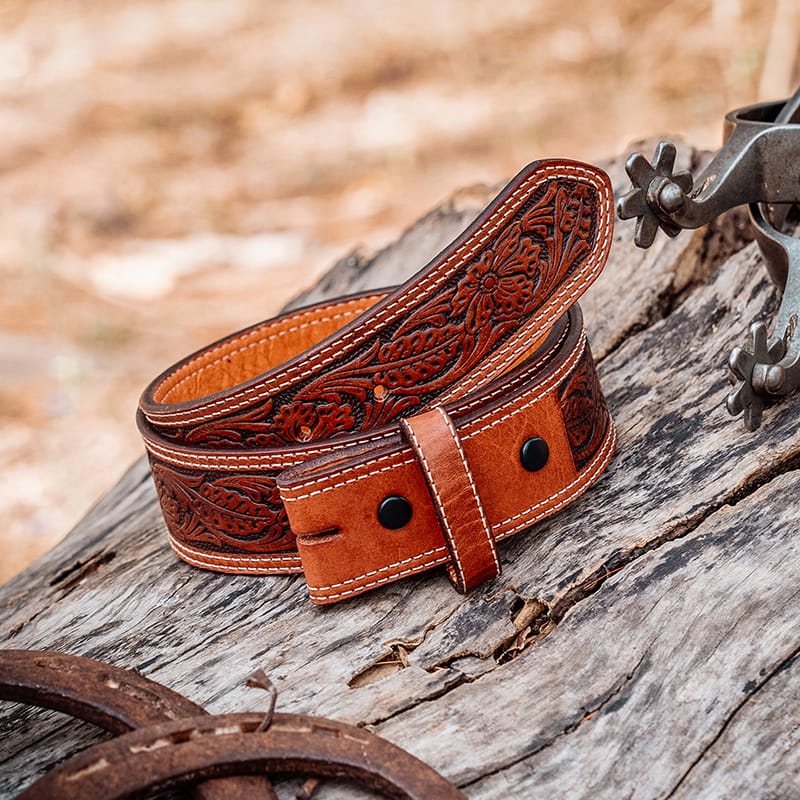 Handmade western leather belt with vine motif
